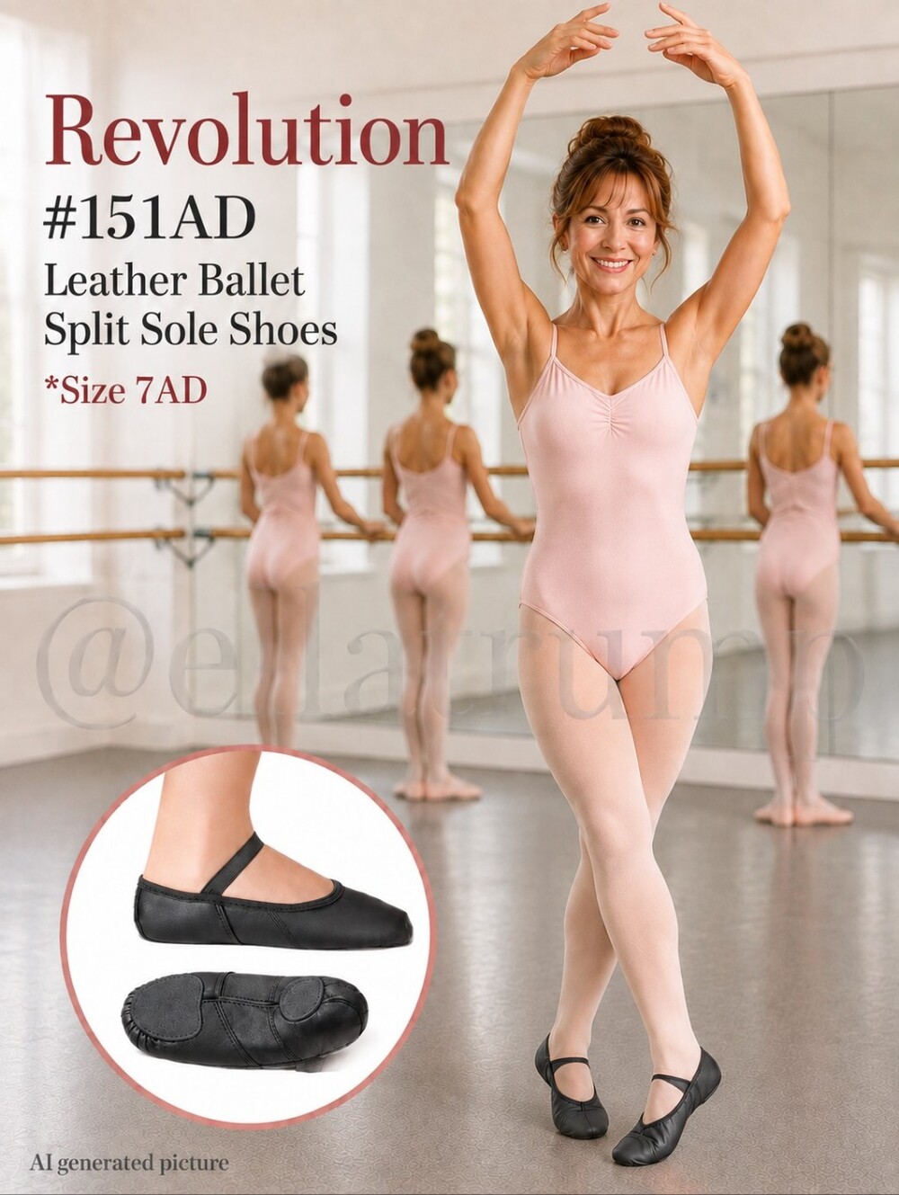 Dance Shoes Revolution #151AD Black Leather Ballet Split Sole Shoes Size 7AD